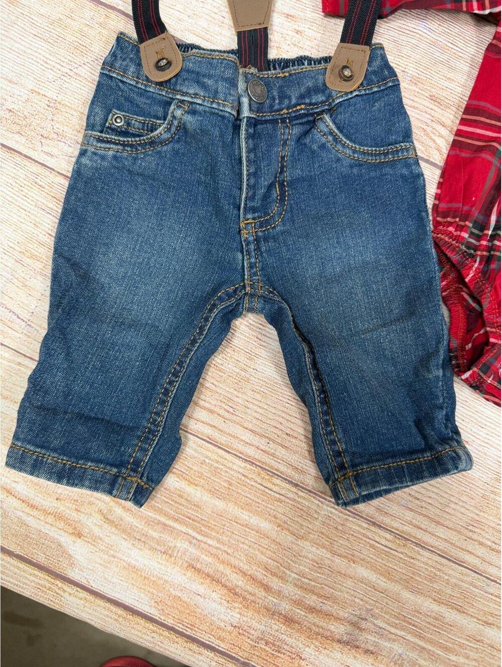 Carters 3 Month Red Plaid Bodysuit and Denim Pants Set with Suspenders NWT - Picture 5 of 6